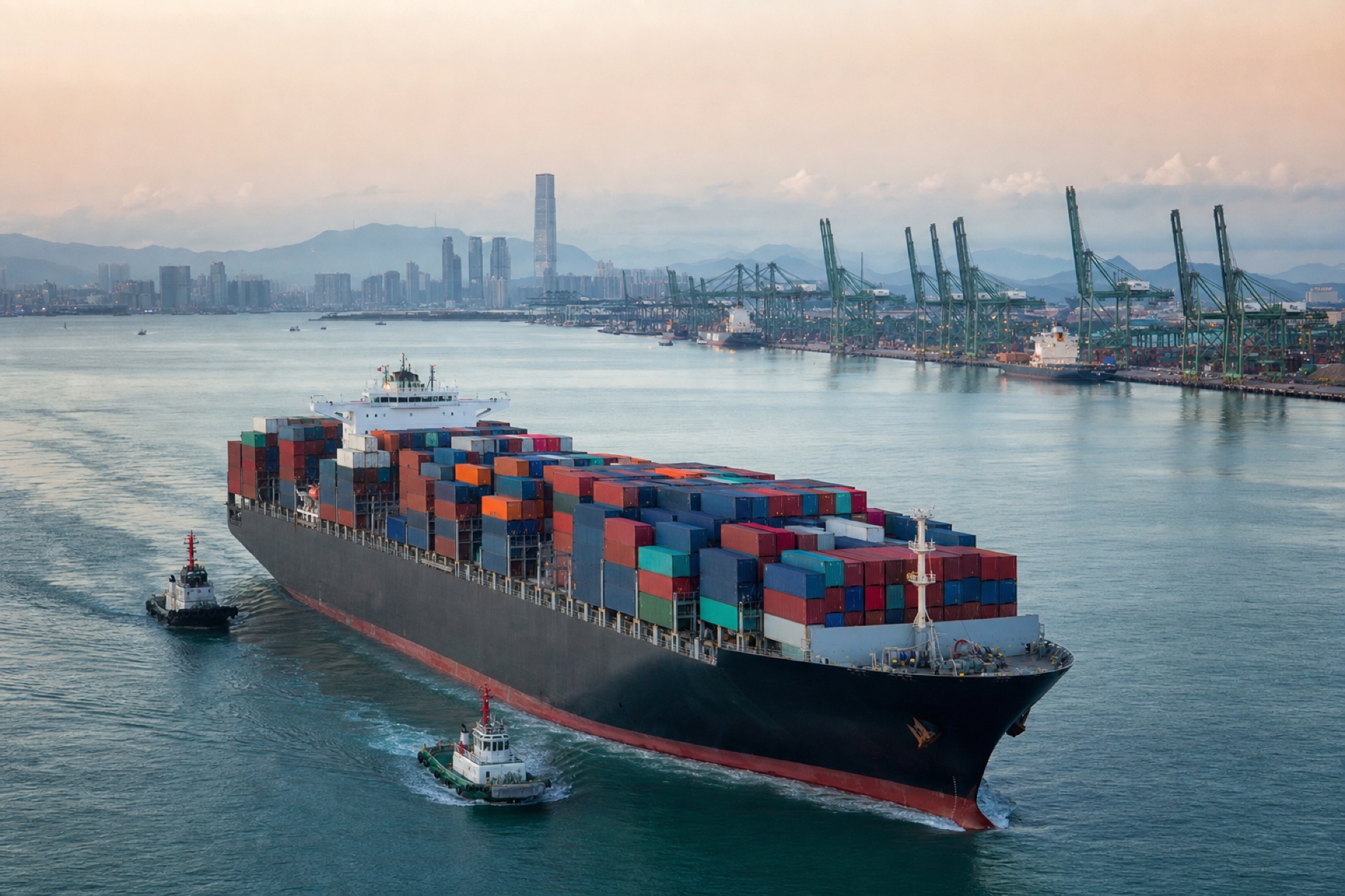 Container ship loaded with refrigerated cargo entering an Asian port