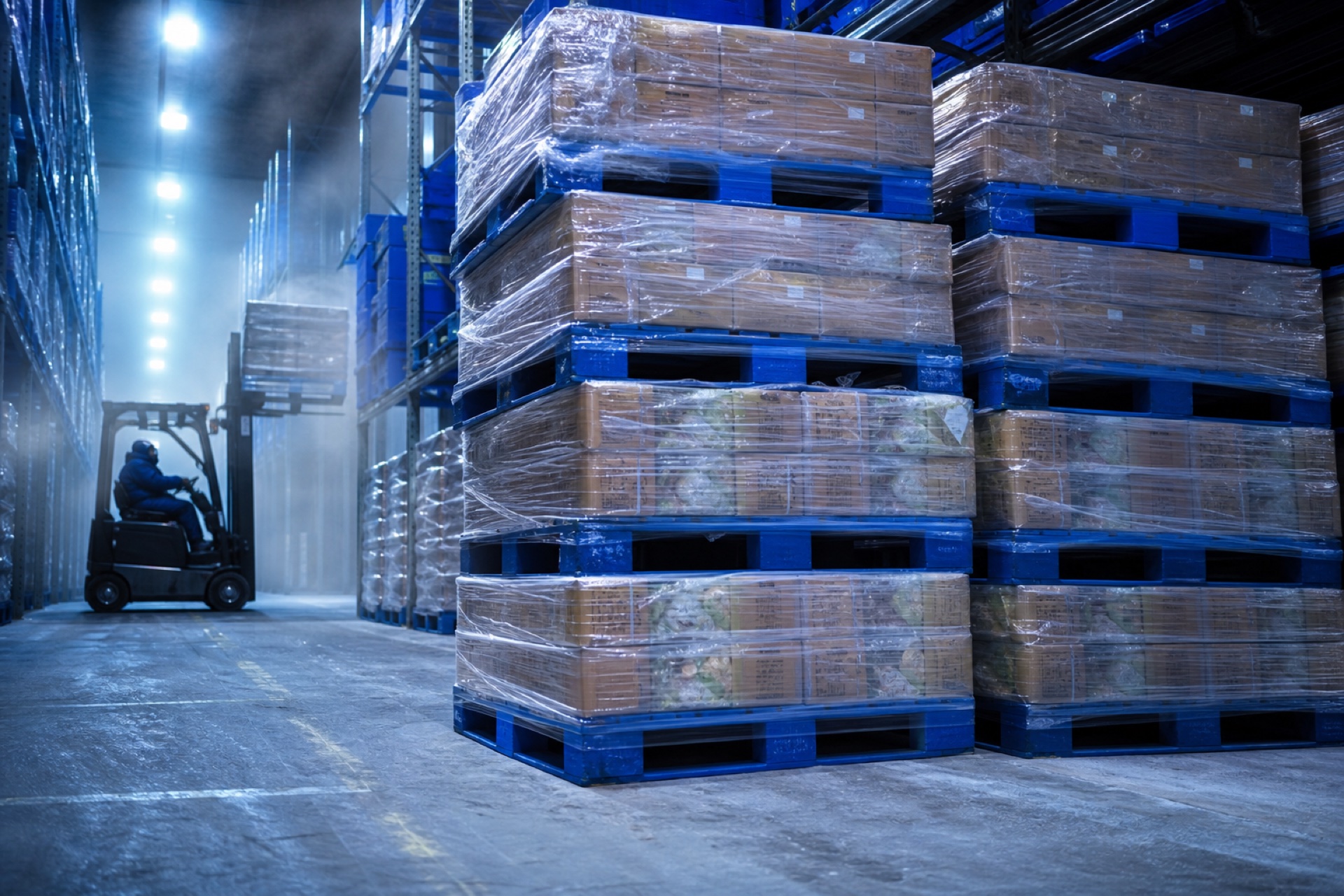 Shrink-wrapped pallets of frozen poultry cartons in a cold storage warehouse