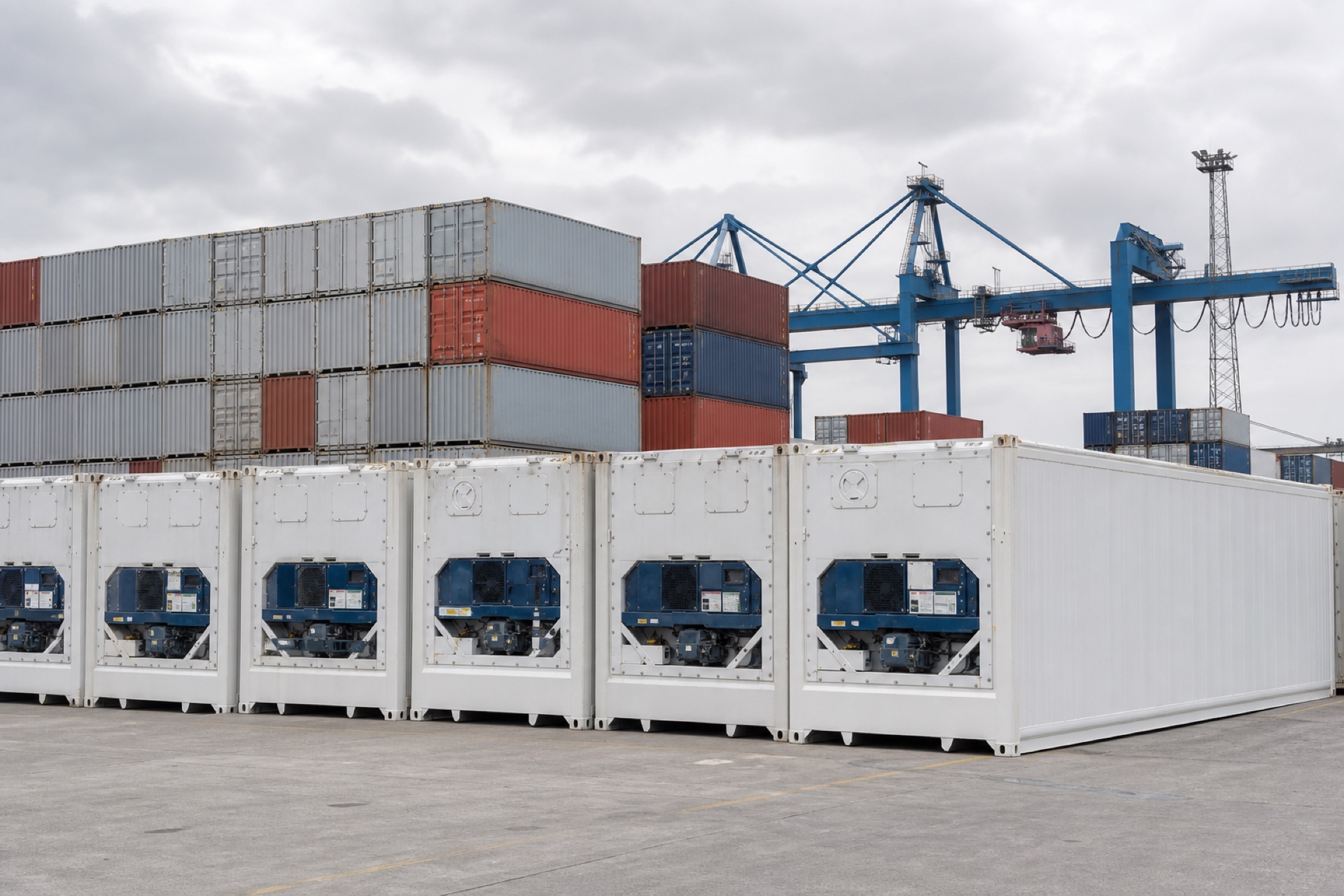 Refrigerated 40-foot shipping containers at a container terminal